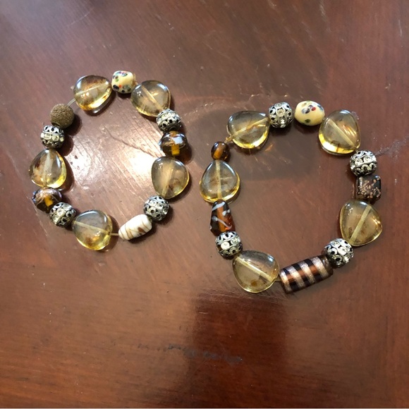 Boho Amber/Brown/Silver Chunky Beaded Stretch Bracelet - Picture 7 of 15